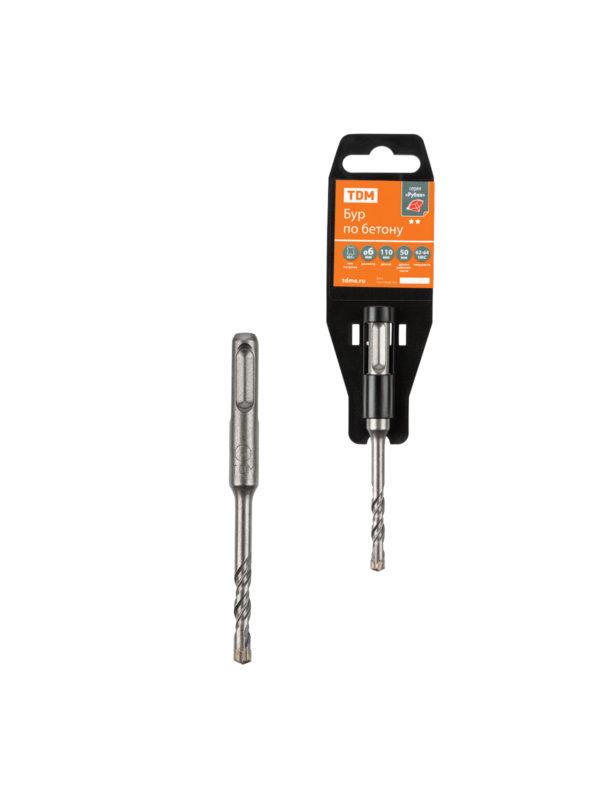 Бур по бетону, 6?110?50 мм, sds plus, 4 резца, пластиковый держатель, 1 шт, "Рубин" tdm