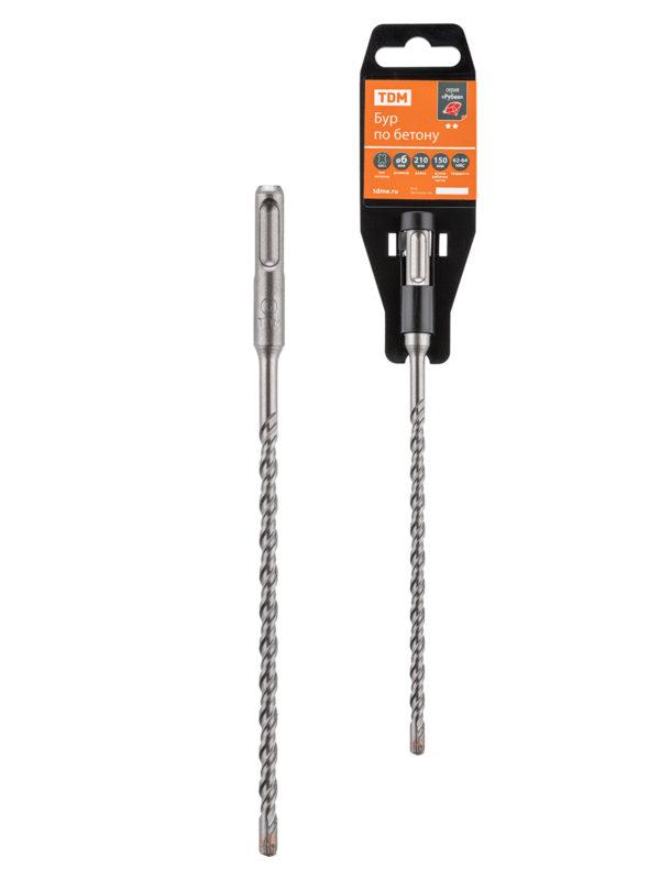 Бур по бетону, 6?210?150 мм, sds plus, 4 резца, пластиковый держатель, 1 шт, "Рубин" tdm