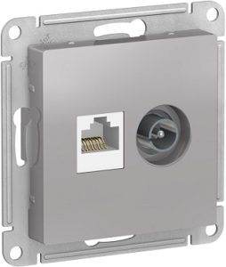 Systeme electric atlasdesign Алюминий Розетка двойная комп+ТВ, rj45+tv, кат.5e, механизм se atn00038