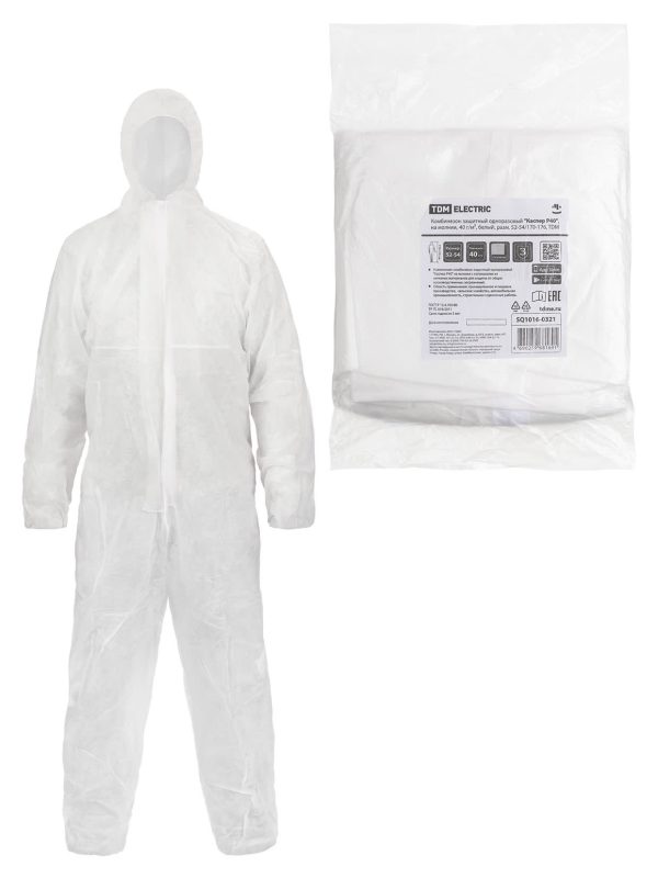Комбинезон защитный одноразовый "Каспер Р40", на молнии, 40 г/м2, белый, разм. 56 58/170 176, tdm