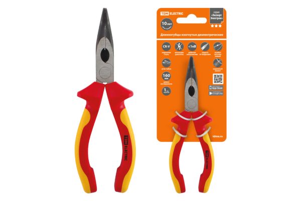 Длинногубцы изогнутые диэлектрические, 160 мм, 1000 В, cr v, «ЭкспертЭлектрик» tdm