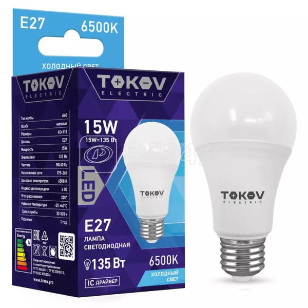 Лампа светодиодная 15Вт А60 6500К Е27 176 264В tokov electric tke a60 e27 15 6.5k