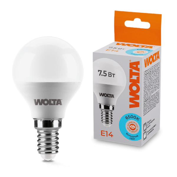 Светодиодная лампа wolta 25w45gl7.5e14 7.5Вт 6500k e14