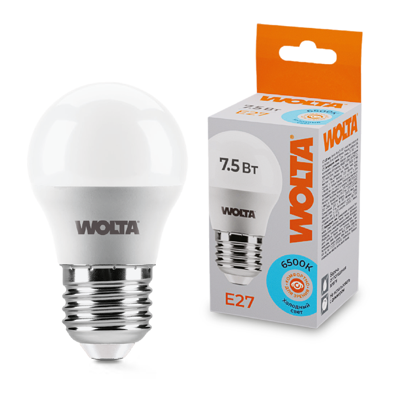 Светодиодная лампа wolta 25w45gl7.5e27 7.5Вт 6500k e27